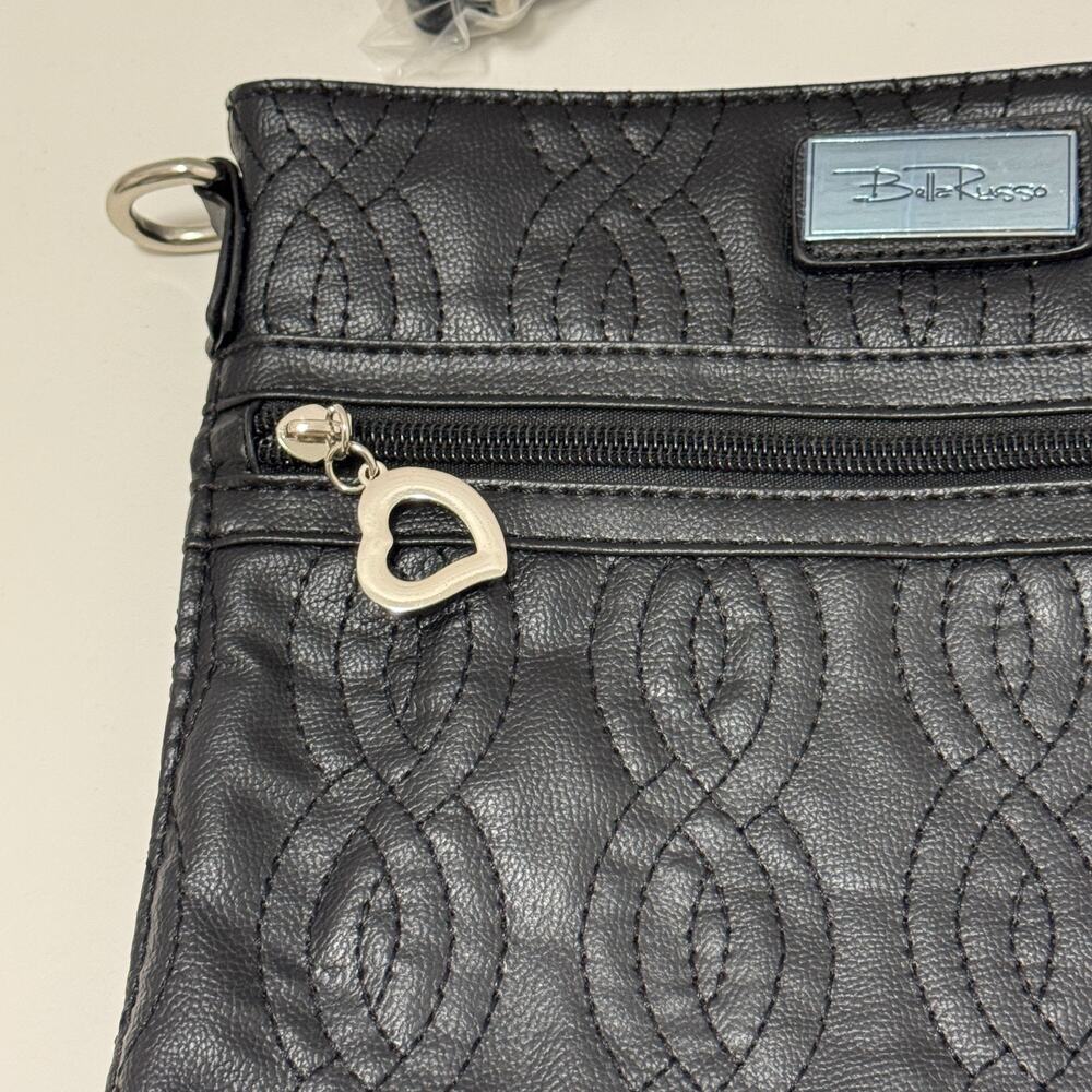 Bella Russo Quilted Crossbody Purse Black Silver Heart Tassel Hand Bag Zipper - Picture 3 of 8